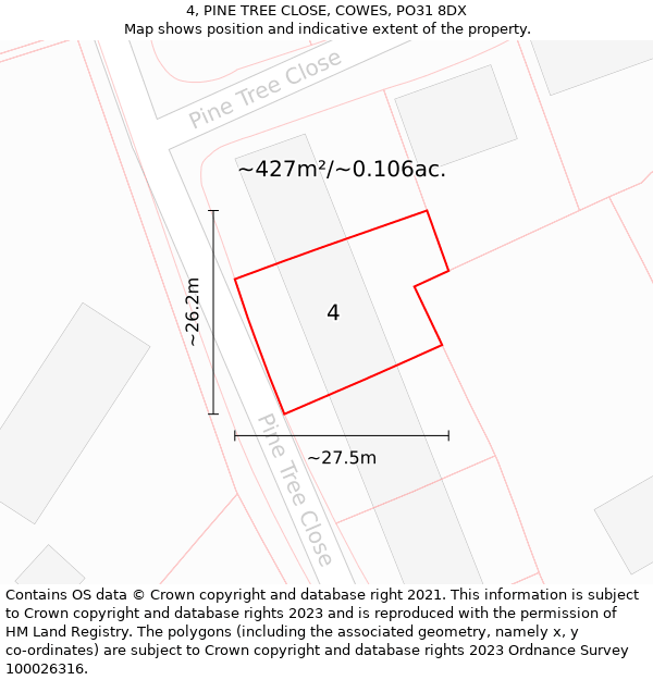 4, PINE TREE CLOSE, COWES, PO31 8DX: Plot and title map