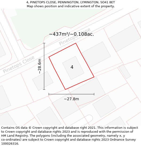 4, PINETOPS CLOSE, PENNINGTON, LYMINGTON, SO41 8ET: Plot and title map