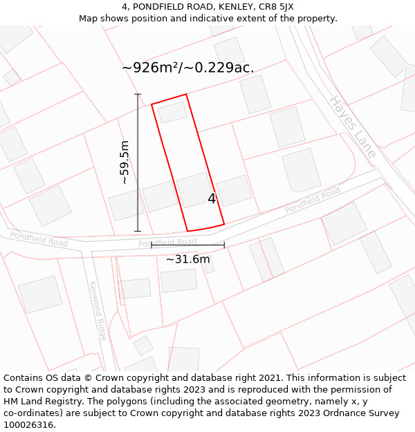 4, PONDFIELD ROAD, KENLEY, CR8 5JX: Plot and title map