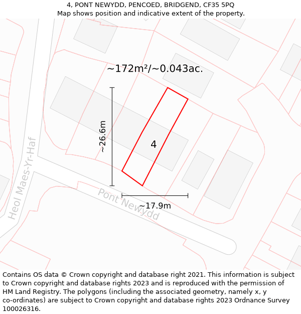 4, PONT NEWYDD, PENCOED, BRIDGEND, CF35 5PQ: Plot and title map