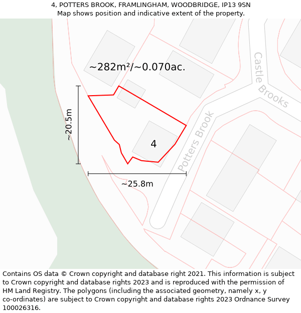 4, POTTERS BROOK, FRAMLINGHAM, WOODBRIDGE, IP13 9SN: Plot and title map