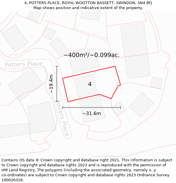 4, POTTERS PLACE, ROYAL WOOTTON BASSETT, SWINDON, SN4 8FJ: Plot and title map