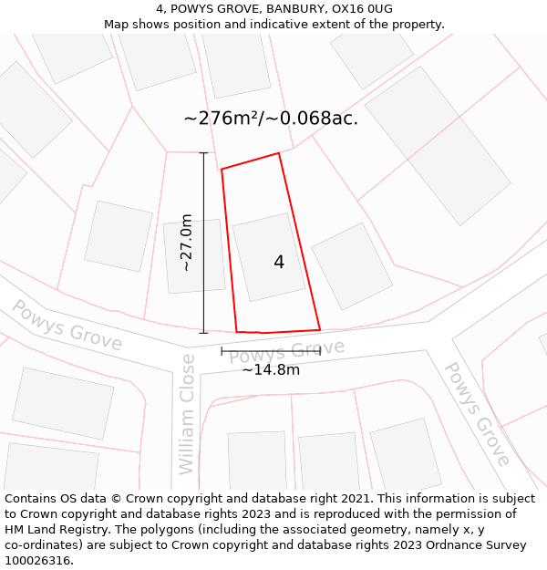 4, POWYS GROVE, BANBURY, OX16 0UG: Plot and title map