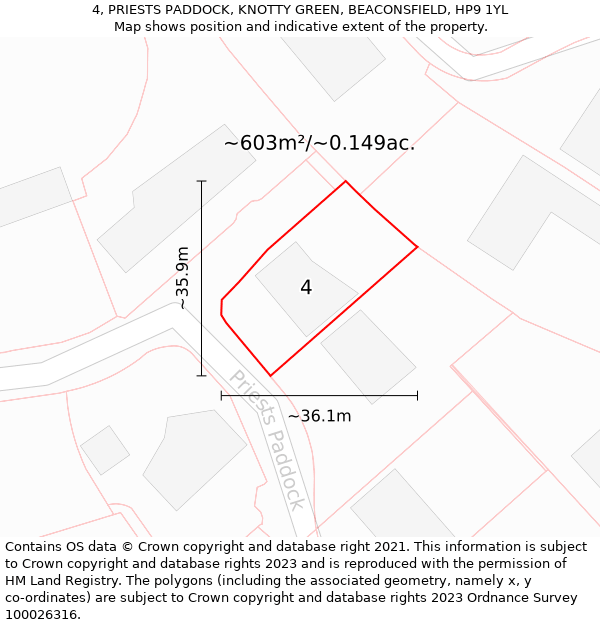 4, PRIESTS PADDOCK, KNOTTY GREEN, BEACONSFIELD, HP9 1YL: Plot and title map