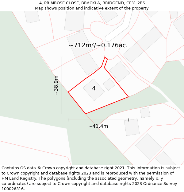 4, PRIMROSE CLOSE, BRACKLA, BRIDGEND, CF31 2BS: Plot and title map