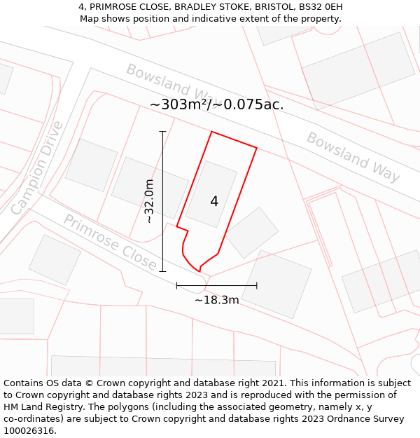 4, PRIMROSE CLOSE, BRADLEY STOKE, BRISTOL, BS32 0EH: Plot and title map