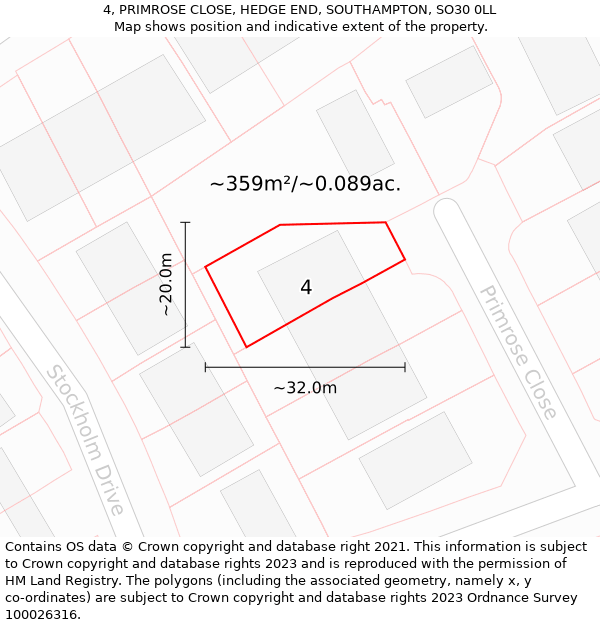 4, PRIMROSE CLOSE, HEDGE END, SOUTHAMPTON, SO30 0LL: Plot and title map