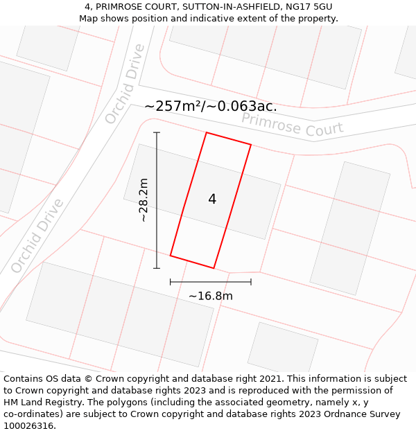 4, PRIMROSE COURT, SUTTON-IN-ASHFIELD, NG17 5GU: Plot and title map