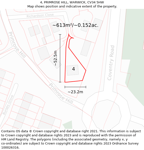 4, PRIMROSE HILL, WARWICK, CV34 5HW: Plot and title map