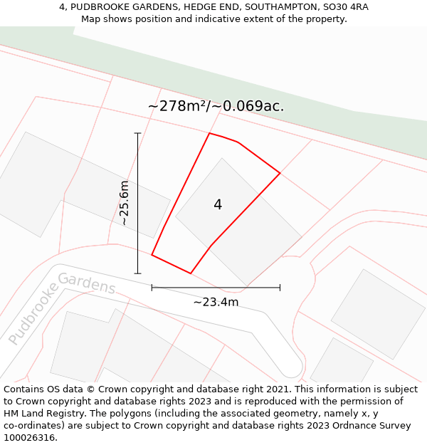 4, PUDBROOKE GARDENS, HEDGE END, SOUTHAMPTON, SO30 4RA: Plot and title map