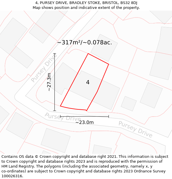 4, PURSEY DRIVE, BRADLEY STOKE, BRISTOL, BS32 8DJ: Plot and title map