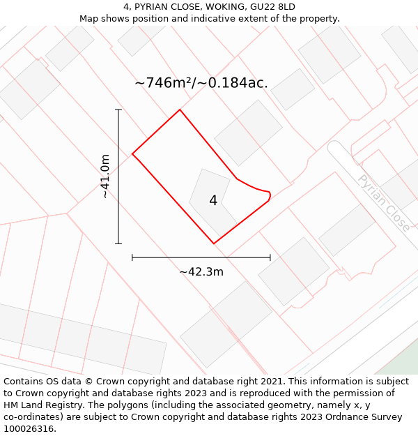 4, PYRIAN CLOSE, WOKING, GU22 8LD: Plot and title map