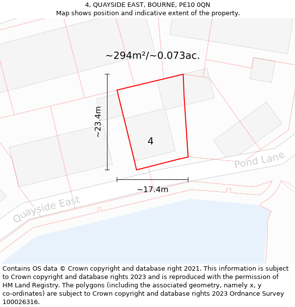 4, QUAYSIDE EAST, BOURNE, PE10 0QN: Plot and title map