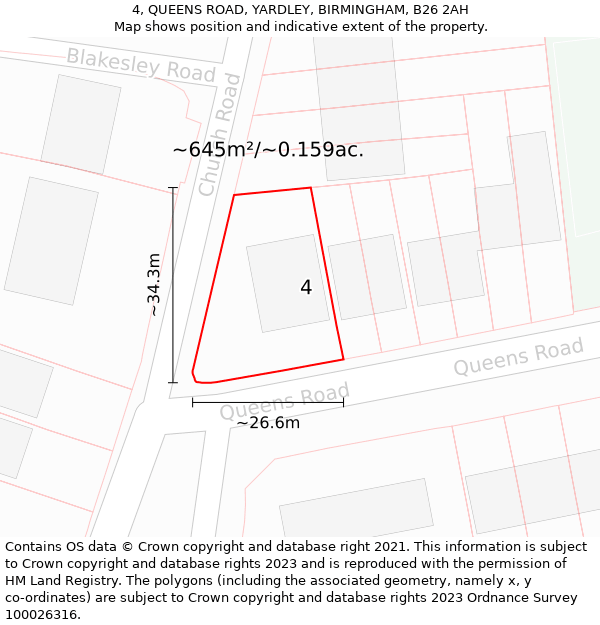 4, QUEENS ROAD, YARDLEY, BIRMINGHAM, B26 2AH: Plot and title map