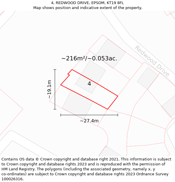 4, REDWOOD DRIVE, EPSOM, KT19 8FL: Plot and title map