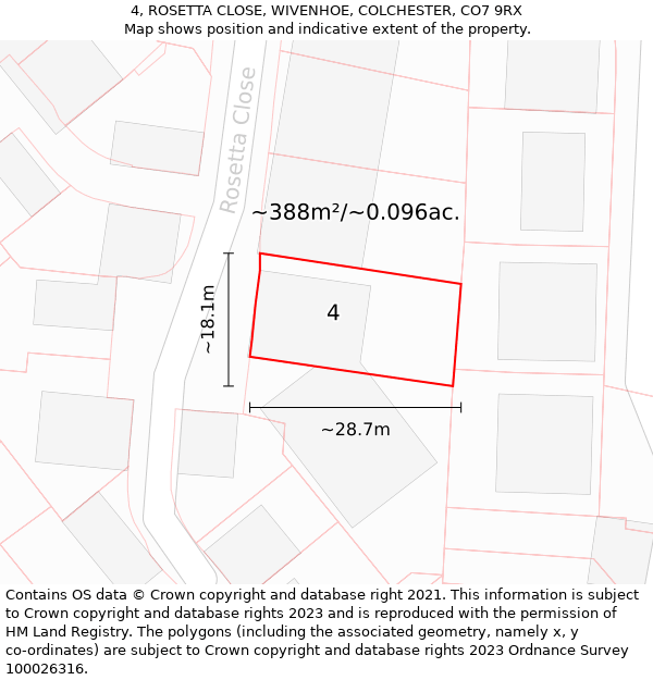 4, ROSETTA CLOSE, WIVENHOE, COLCHESTER, CO7 9RX: Plot and title map