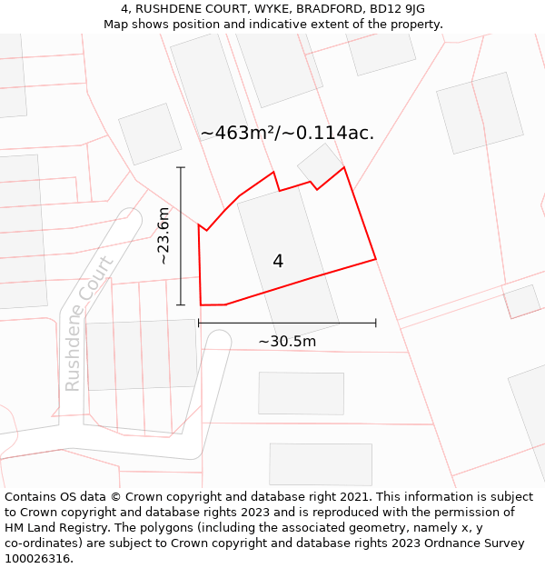 4, RUSHDENE COURT, WYKE, BRADFORD, BD12 9JG: Plot and title map