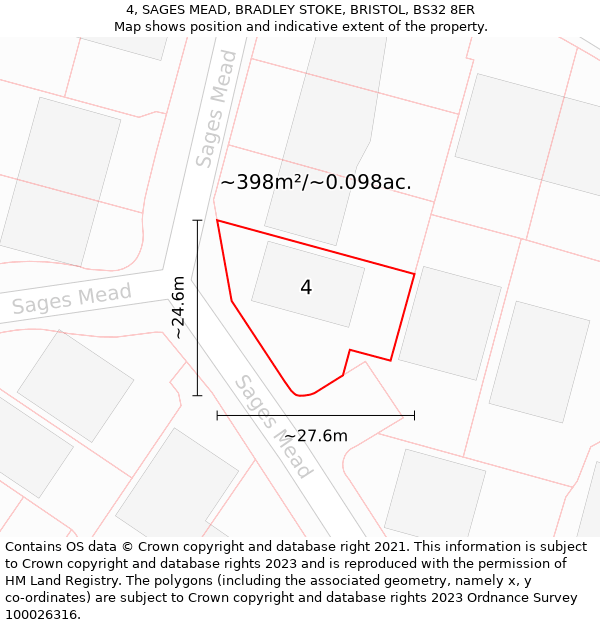 4, SAGES MEAD, BRADLEY STOKE, BRISTOL, BS32 8ER: Plot and title map