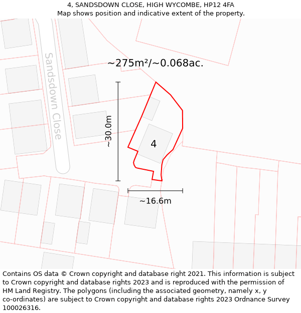 4, SANDSDOWN CLOSE, HIGH WYCOMBE, HP12 4FA: Plot and title map