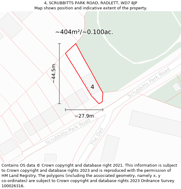 4, SCRUBBITTS PARK ROAD, RADLETT, WD7 8JP: Plot and title map