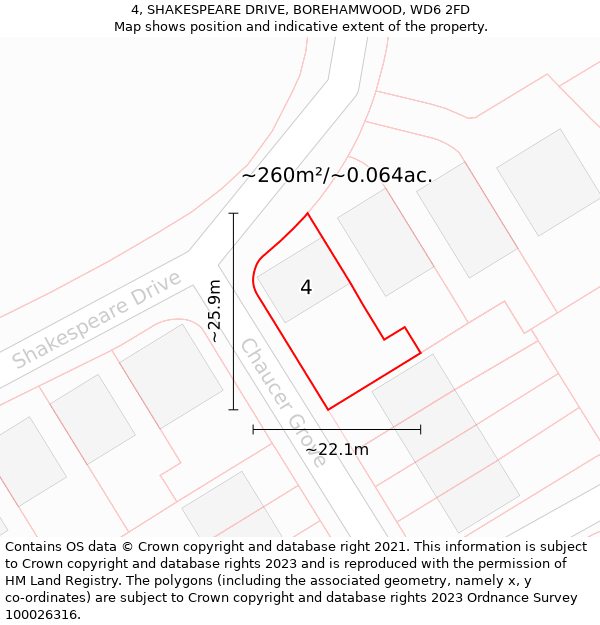 4, SHAKESPEARE DRIVE, BOREHAMWOOD, WD6 2FD: Plot and title map