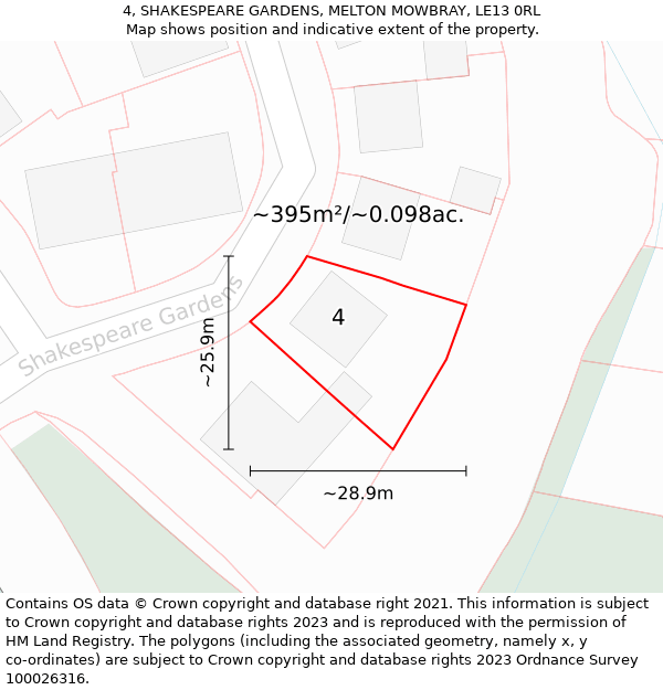 4, SHAKESPEARE GARDENS, MELTON MOWBRAY, LE13 0RL: Plot and title map