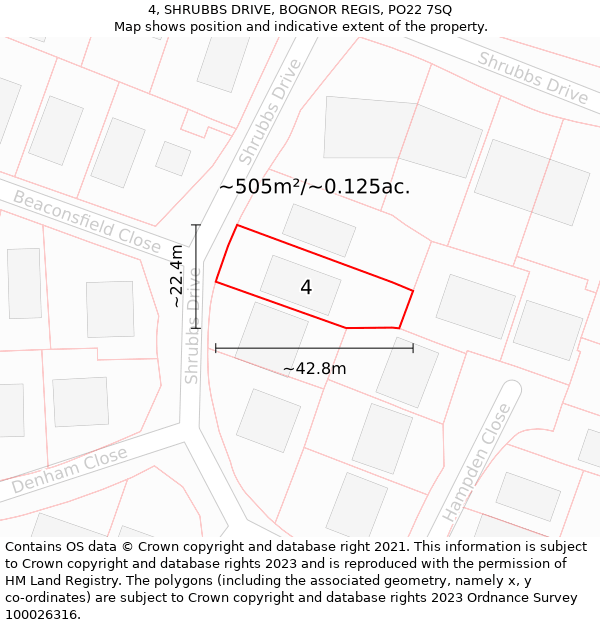 4, SHRUBBS DRIVE, BOGNOR REGIS, PO22 7SQ: Plot and title map