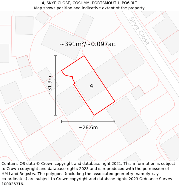 4, SKYE CLOSE, COSHAM, PORTSMOUTH, PO6 3LT: Plot and title map