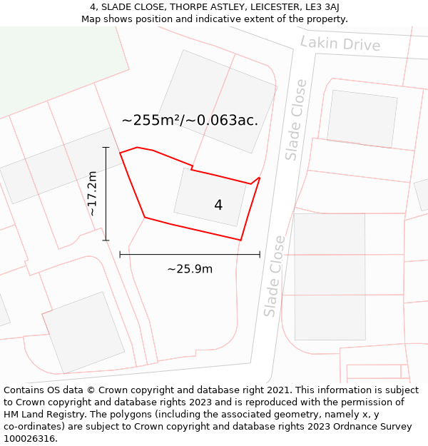 4, SLADE CLOSE, THORPE ASTLEY, LEICESTER, LE3 3AJ: Plot and title map