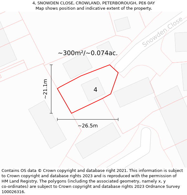4, SNOWDEN CLOSE, CROWLAND, PETERBOROUGH, PE6 0AY: Plot and title map