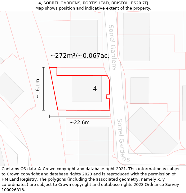 4, SORREL GARDENS, PORTISHEAD, BRISTOL, BS20 7FJ: Plot and title map