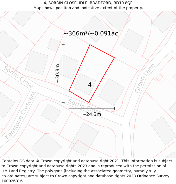 4, SORRIN CLOSE, IDLE, BRADFORD, BD10 8QF: Plot and title map