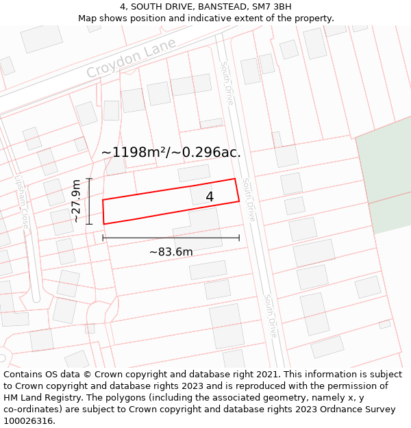 4, SOUTH DRIVE, BANSTEAD, SM7 3BH: Plot and title map