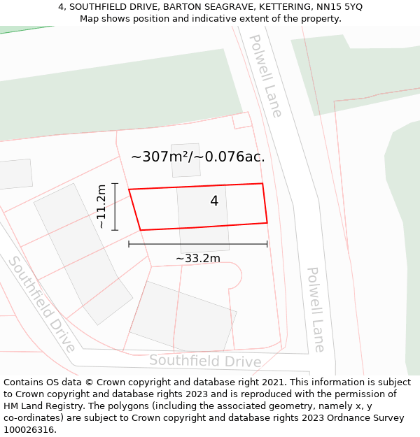 4, SOUTHFIELD DRIVE, BARTON SEAGRAVE, KETTERING, NN15 5YQ: Plot and title map