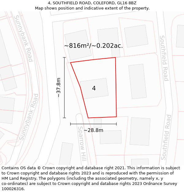 4, SOUTHFIELD ROAD, COLEFORD, GL16 8BZ: Plot and title map