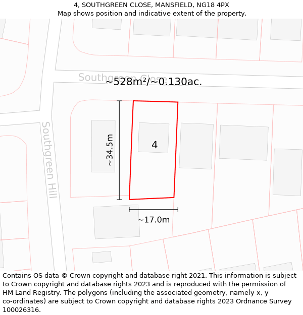 4, SOUTHGREEN CLOSE, MANSFIELD, NG18 4PX: Plot and title map