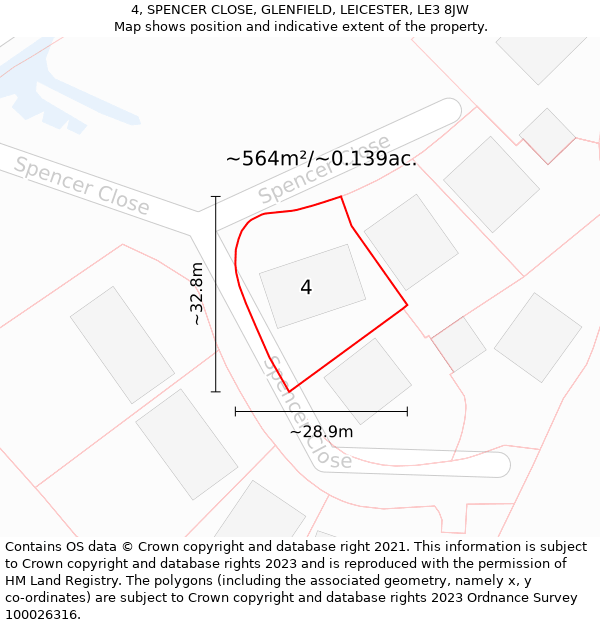 4, SPENCER CLOSE, GLENFIELD, LEICESTER, LE3 8JW: Plot and title map