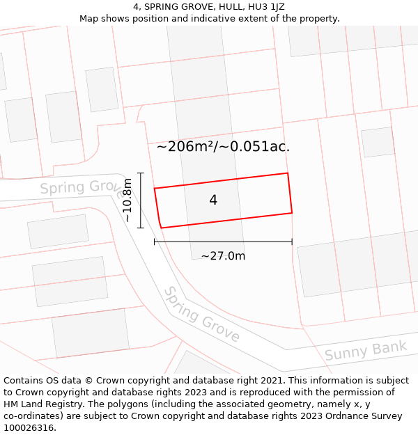 4, SPRING GROVE, HULL, HU3 1JZ: Plot and title map