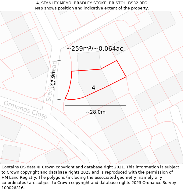 4, STANLEY MEAD, BRADLEY STOKE, BRISTOL, BS32 0EG: Plot and title map