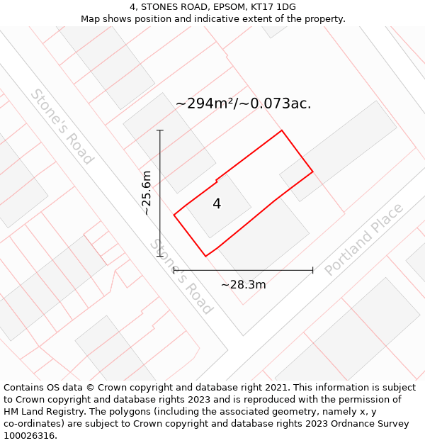 4, STONES ROAD, EPSOM, KT17 1DG: Plot and title map