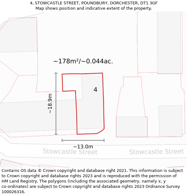 4, STOWCASTLE STREET, POUNDBURY, DORCHESTER, DT1 3GF: Plot and title map
