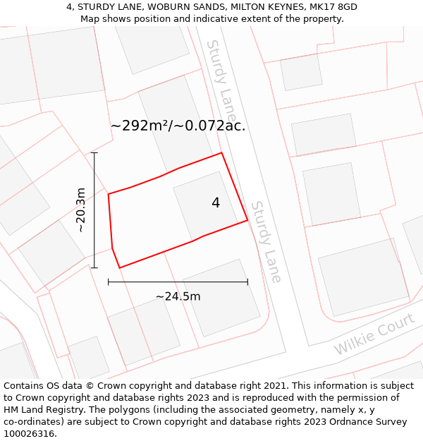 4, STURDY LANE, WOBURN SANDS, MILTON KEYNES, MK17 8GD: Plot and title map