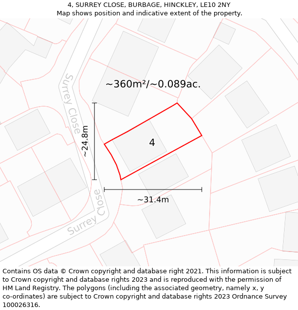 4, SURREY CLOSE, BURBAGE, HINCKLEY, LE10 2NY: Plot and title map