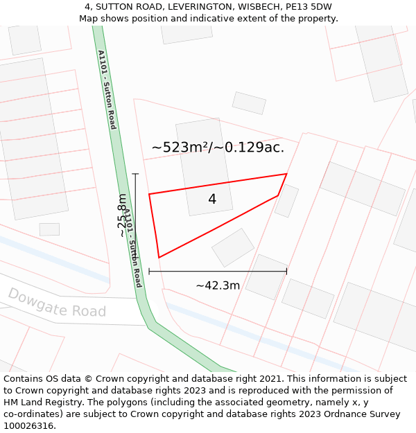 4, SUTTON ROAD, LEVERINGTON, WISBECH, PE13 5DW: Plot and title map