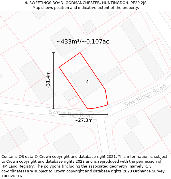 4, SWEETINGS ROAD, GODMANCHESTER, HUNTINGDON, PE29 2JS: Plot and title map