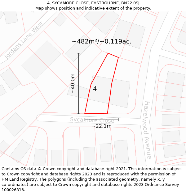 4, SYCAMORE CLOSE, EASTBOURNE, BN22 0SJ: Plot and title map