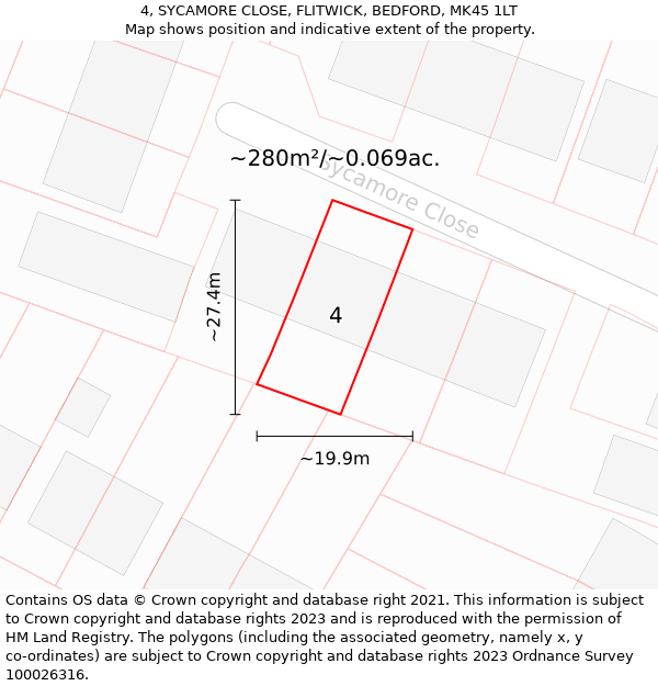 4, SYCAMORE CLOSE, FLITWICK, BEDFORD, MK45 1LT: Plot and title map