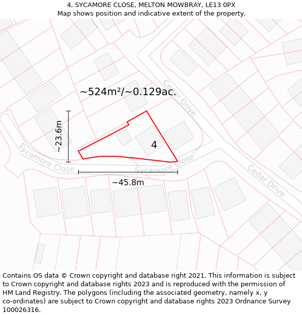 4, SYCAMORE CLOSE, MELTON MOWBRAY, LE13 0PX: Plot and title map