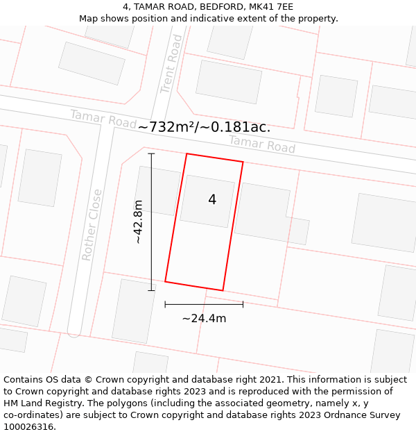 4, TAMAR ROAD, BEDFORD, MK41 7EE: Plot and title map