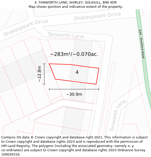 4, TANWORTH LANE, SHIRLEY, SOLIHULL, B90 4DR: Plot and title map